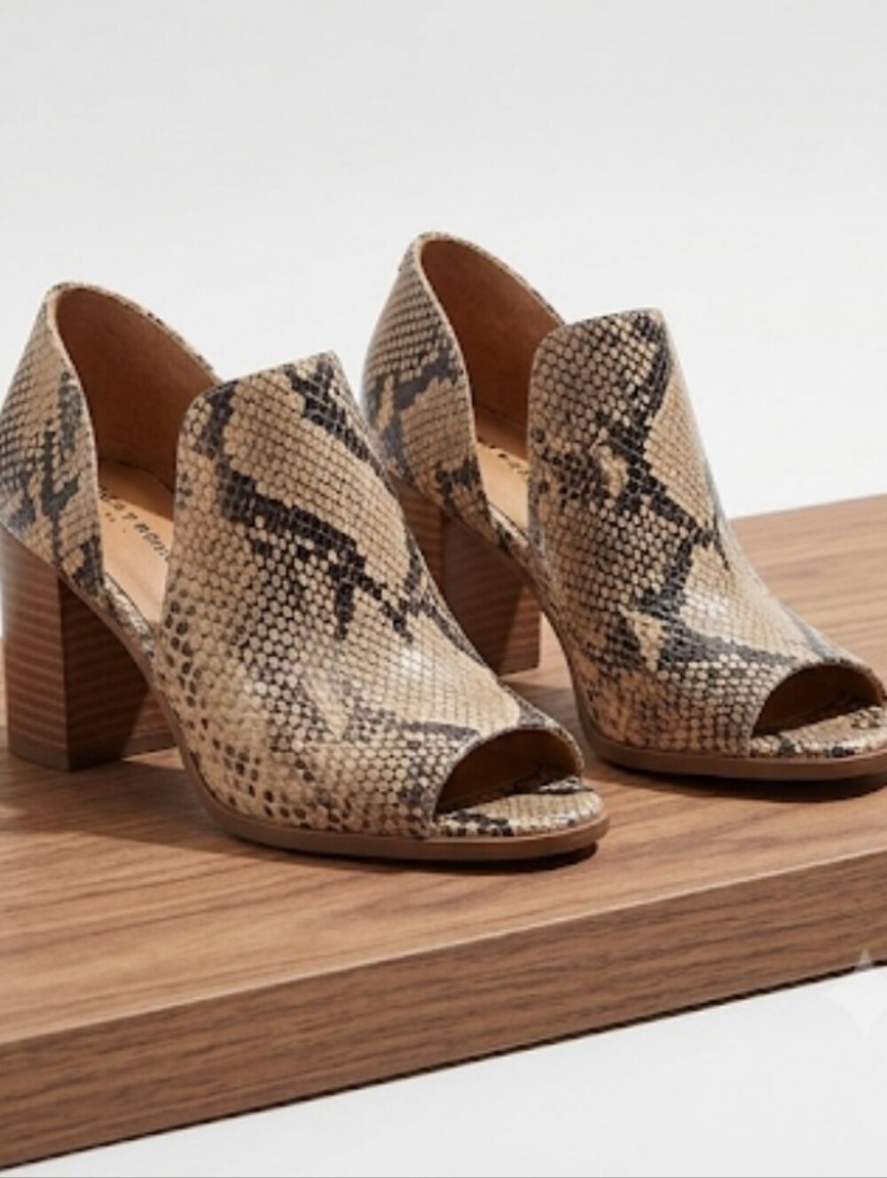 Lucky Brand Taupe Snake-Print Peep-Toe Block Heel Mules